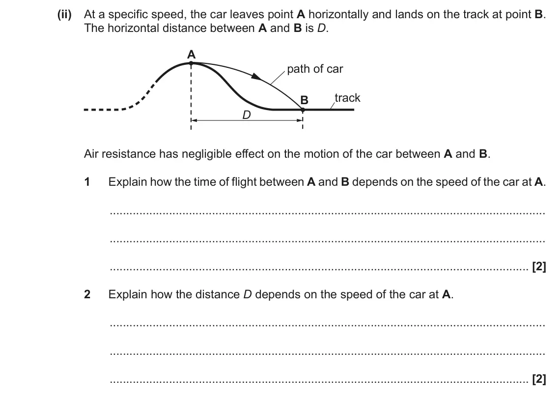 November 2021 Paper 1, question 21(b)(ii): At a specific speed, the car leaves point A horizontally and lands on the track at point B. The horizontal distance between A and B is D. A path of car track B