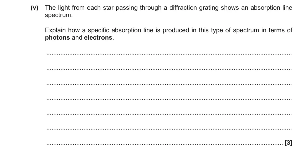November 2021 Paper 1, question 23(b)(v): The light from each star passing through a diffraction grating shows an absorption line spectrum. Explain how a specific absorption line is produced in this typ