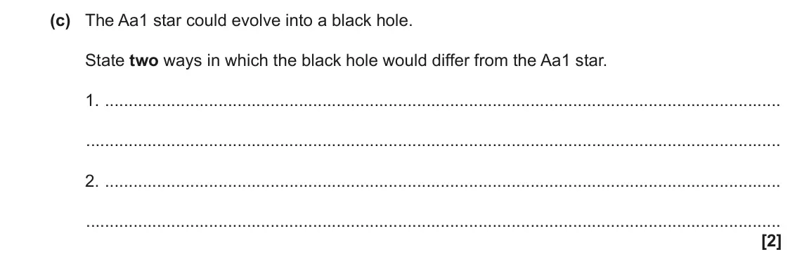 November 2021 Paper 1, question 23(c): The Aa1 star could evolve into a black hole. State two ways in which the black hole would differ from the Aa1 star. 1. 2. [2]