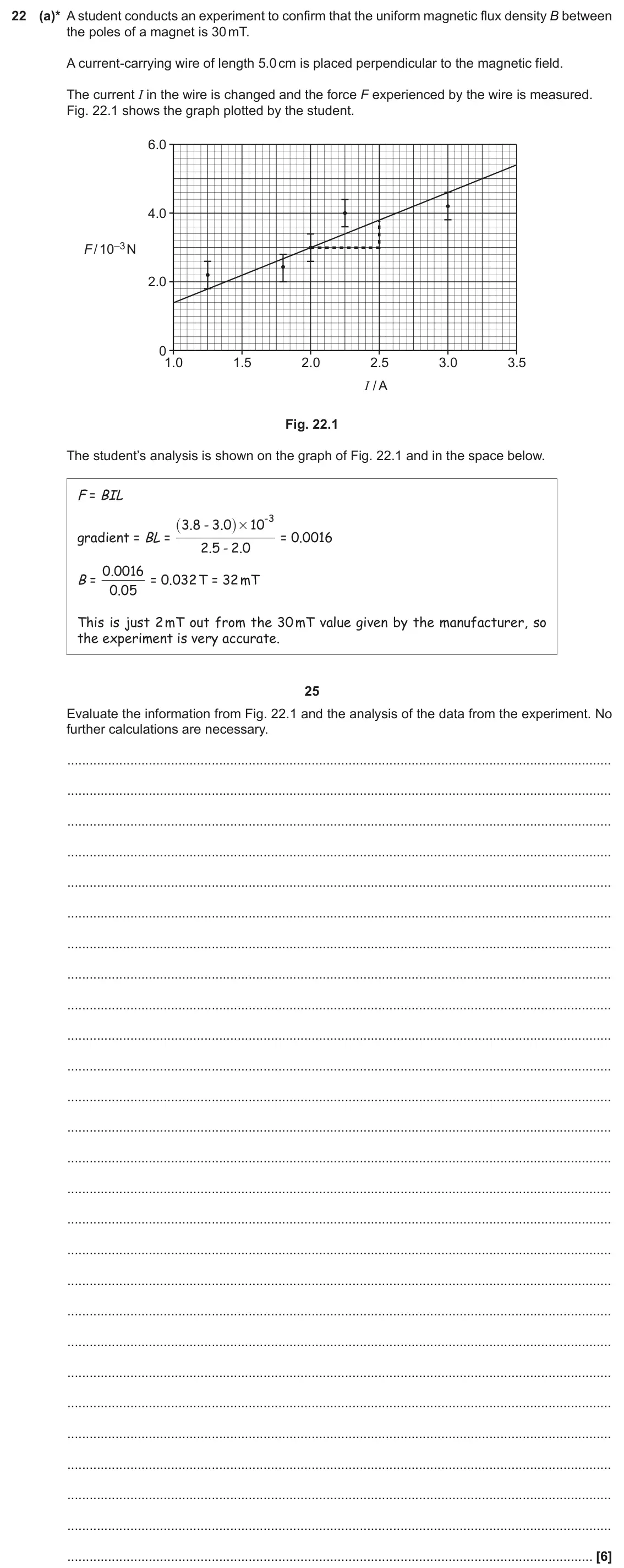 June 2017 Paper 2, question 22(a): (a)* A student conducts an experiment to confirm that the uniform magnetic flux density B between the poles of a magnet is 30 mT. A current-carrying wire of len