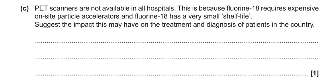 June 2017 Paper 2, question 25(c): PET scanners are not available in all hospitals. This is because fluorine-18 requires expensive on-site particle accelerators and fluorine-18 has a very small ‘
