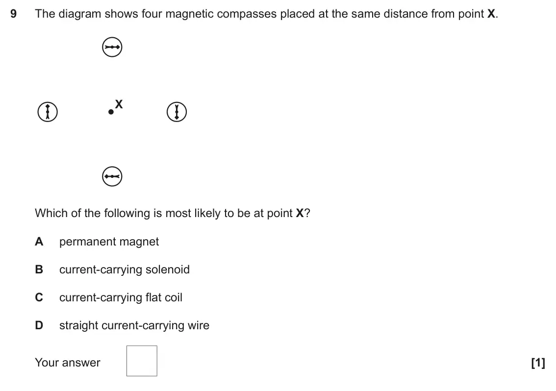 June 2019 Paper 2, question 9: The diagram shows four magnetic compasses placed at the same distance from point X. X Which of the following is most likely to be at point X? A permanent magnet
