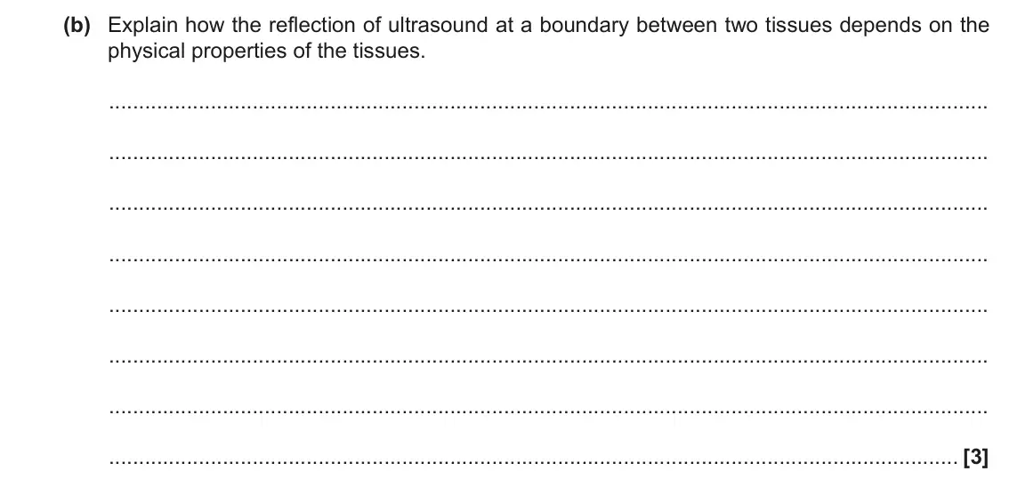 June 2019 Paper 2, question 24(b): Explain how the reflection of ultrasound at a boundary between two tissues depends on the physical properties of the tissues. [3]