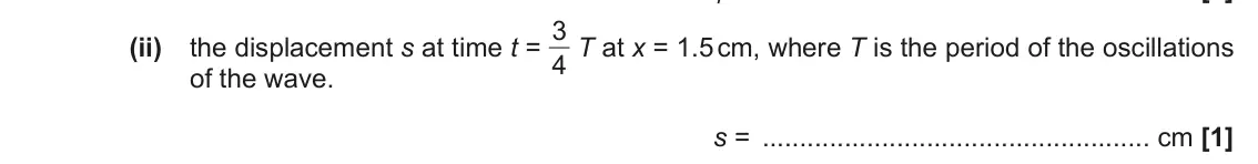 June 2022 Paper 2, question 16(a)(ii): the displacement s at time t = 3 4 T at x = 1.5 cm, where T is the period of the oscillations of the wave. s = cm [1]