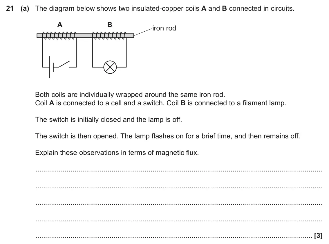 June 2022 Paper 2, question 21(a): The diagram below shows two insulated-copper coils A and B connected in circuits. A B iron rod Both coils are individually wrapped around the same iron rod. Coi