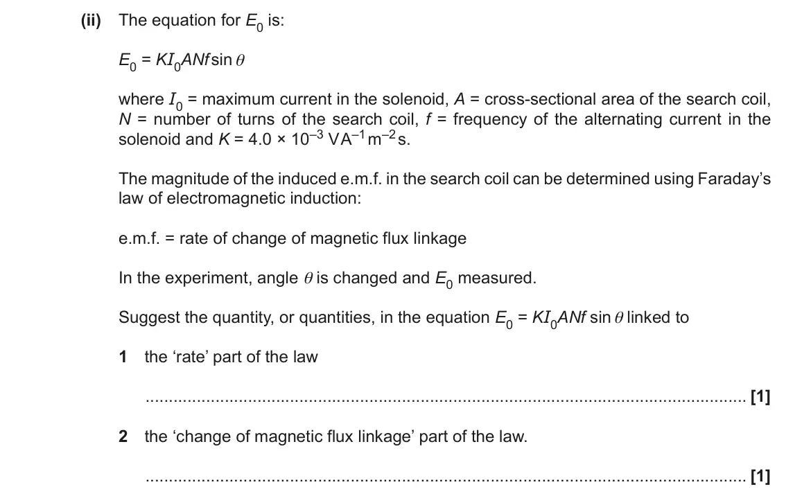 June 2022 Paper 2, question 21(b)(ii): The equation for E0 is: E0 = KI0ANf sin θ where I0 = maximum current in the solenoid, A = cross-sectional area of the search coil, N = number of turns of the se
