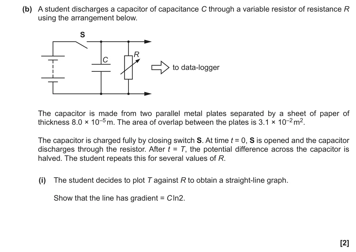 June 2022 Paper 2, question 22(b)(i): The student decides to plot T against R to obtain a straight-line graph. Show that the line has gradient = C ln2. [2]