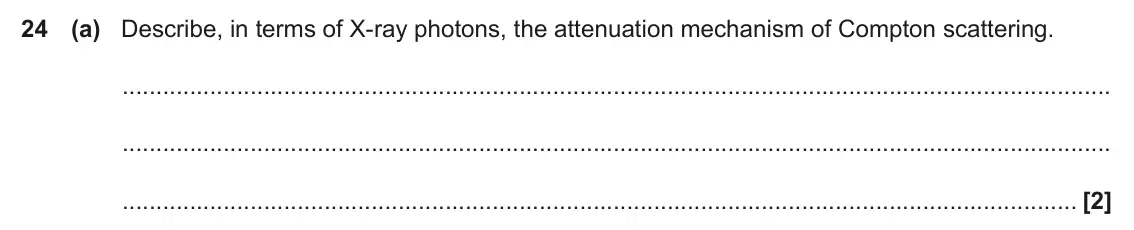 June 2022 Paper 2, question 24(a): Describe, in terms of X-ray photons, the attenuation mechanism of Compton scattering. [2]