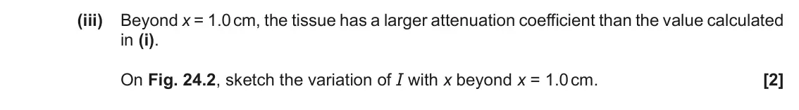 June 2022 Paper 2, question 24(b)(iii): Beyond x = 1.0 cm, the tissue has a larger attenuation coefficient than the value calculated in (i). On Fig. 24.2, sketch the variation of I with x beyond x = 1
