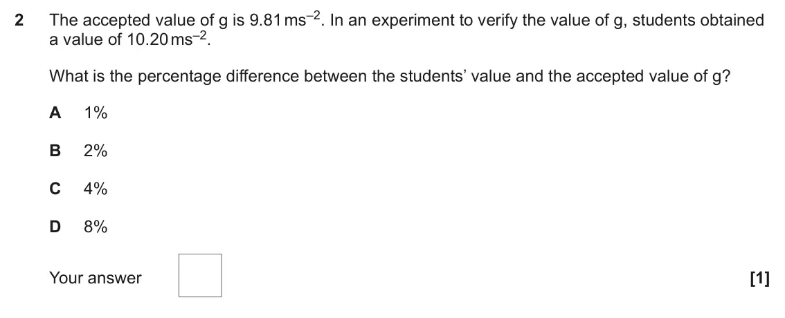 June 2023 Paper 2, question 2: The accepted value of g is 9.81 ms–2. In an experiment to verify the value of g, students obtained 2 a value of 10.20 ms–2. What is the percentage difference be