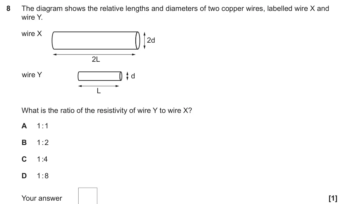 June 2023 Paper 2, question 8: The diagram shows the relative lengths and diameters of two copper wires, labelled wire X and wire Y. wire X 2d 2L wire Y d L What is the ratio of the resistivi