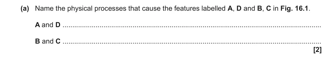 June 2023 Paper 2, question 16(a): Name the physical processes that cause the features labelled A, D and B, C in Fig. 16.1. A and D B and C [2]