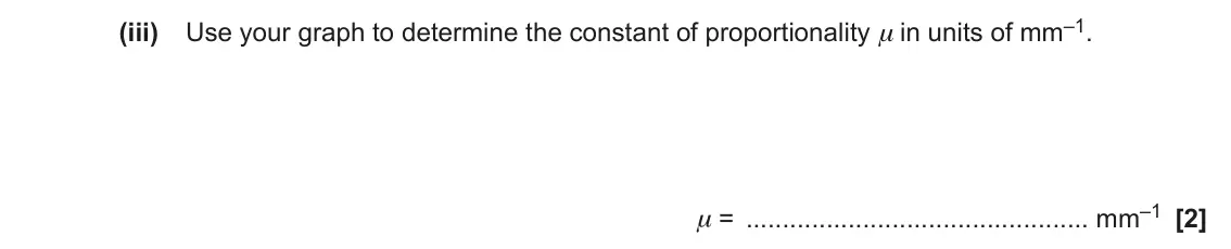 June 2023 Paper 2, question 23(b)(iii): Use your graph to determine the constant of proportionality µ in units of mm–1. µ = mm–1 [2]