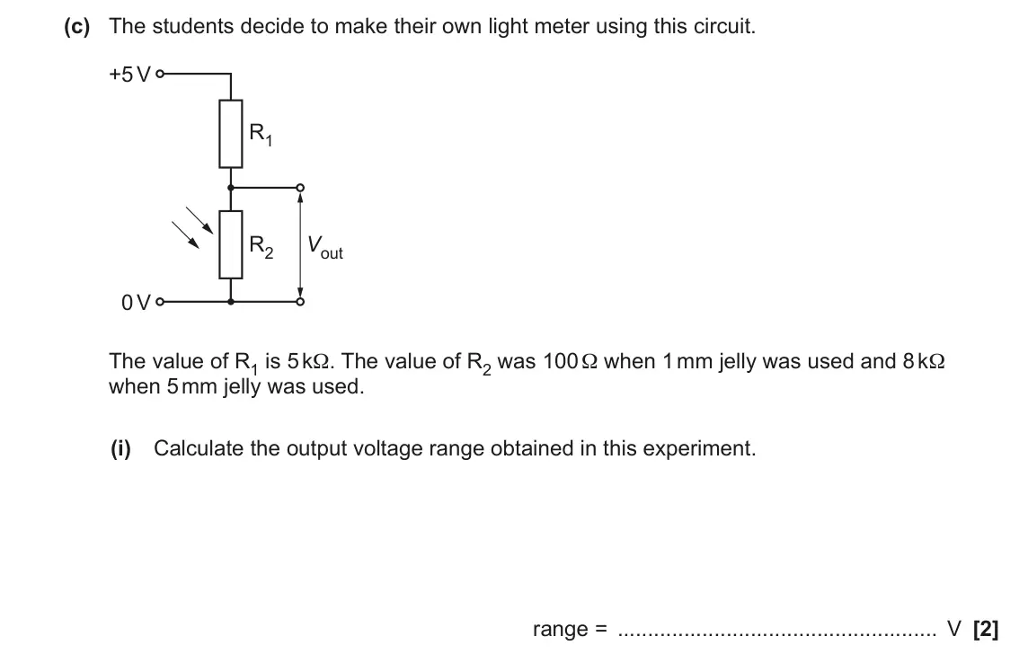 June 2023 Paper 2, question 23(c)(i): Calculate the output voltage range obtained in this experiment. range = V [2]