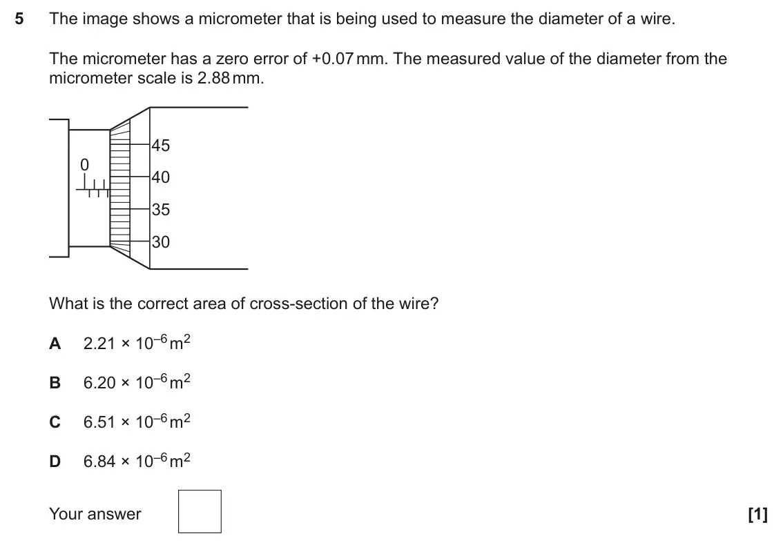 June 2024 Paper 2, question 5: The image shows a micrometer that is being used to measure the diameter of a wire. The micrometer has a zero error of +0.07 mm. The measured value of the diamet