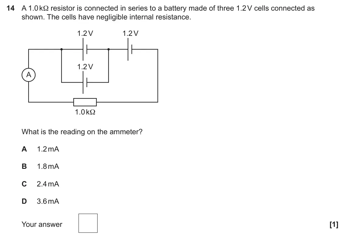 June 2024 Paper 2, question 14: A 1.0 kΩ resistor is connected in series to a battery made of three 1.2 V cells connected as shown. The cells have negligible internal resistance. 1.2 V 1.2 V 1