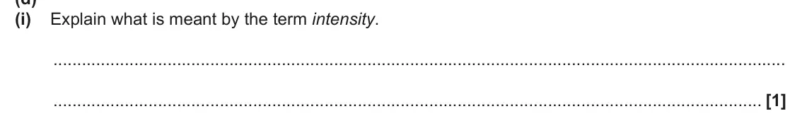 June 2024 Paper 2, question 17(d)(i): Explain what is meant by the term intensity. [1]