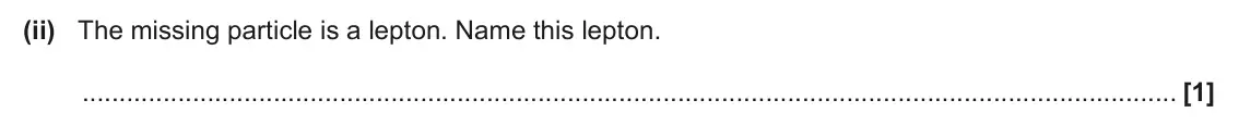 June 2024 Paper 2, question 20(d)(ii): The missing particle is a lepton. Name this lepton. [1]