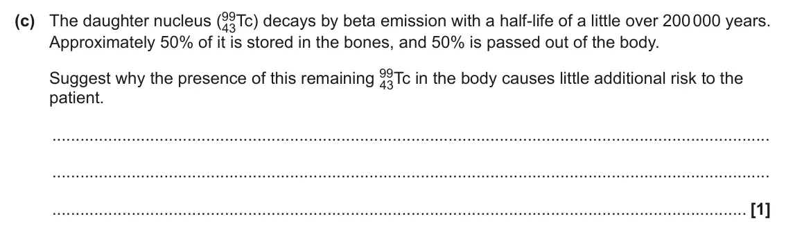 June 2024 Paper 2, question 21(c): The daughter nucleus (99 43Tc) decays by beta emission with a half‑life of a little over 200 000 years. Approximately 50% of it is stored in the bones, and 50%