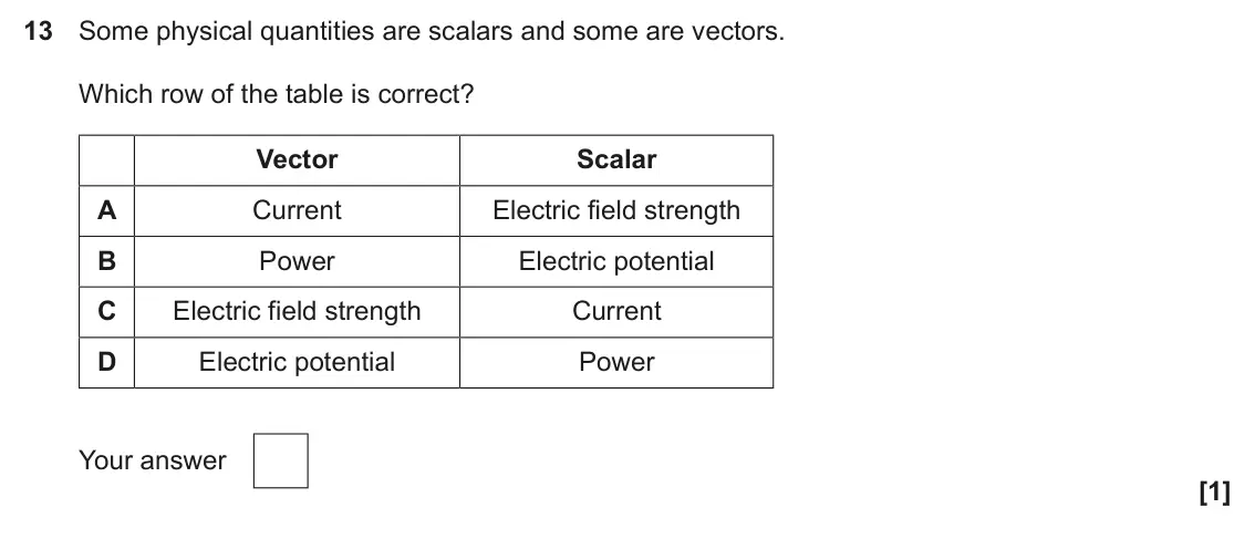 June 2025 Paper 2, question 13: Some physical quantities are scalars and some are vectors. Which row of the table is correct? Vector Scalar A Current Electric field strength B Power Electric p