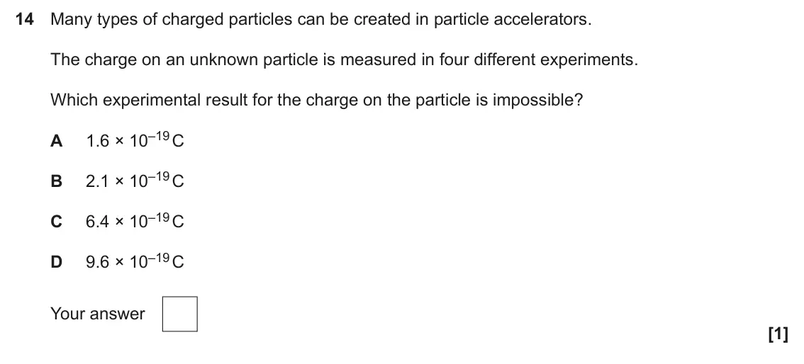 June 2025 Paper 2, question 14: Many types of charged particles can be created in particle accelerators. The charge on an unknown particle is measured in four different experiments. Which expe