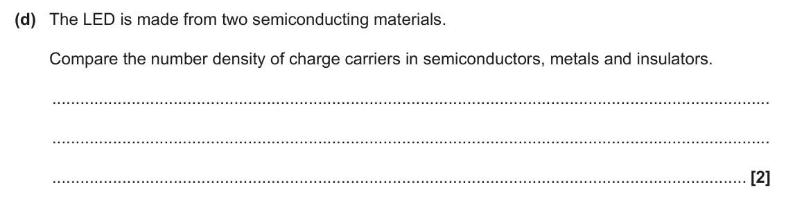 June 2025 Paper 2, question 16(d): The LED is made from two semiconducting materials. Compare the number density of charge carriers in semiconductors, metals and insulators. [2]