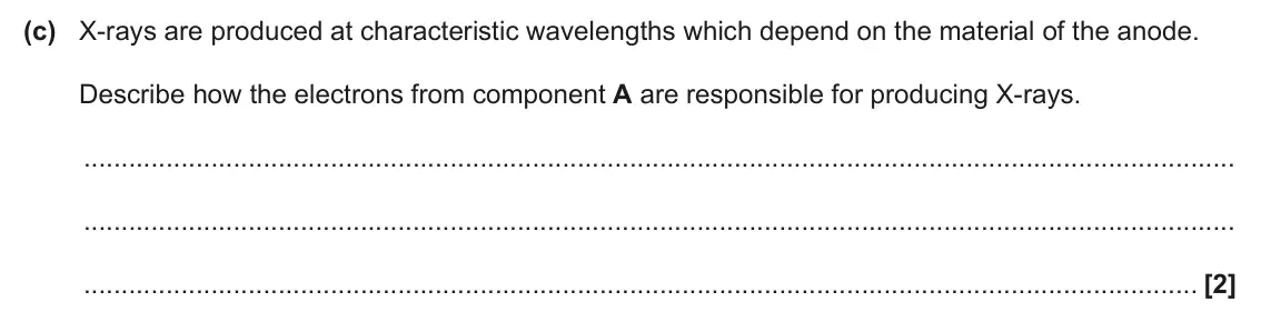June 2025 Paper 2, question 18(c): X-rays are produced at characteristic wavelengths which depend on the material of the anode. Describe how the electrons from component A are responsible for pro