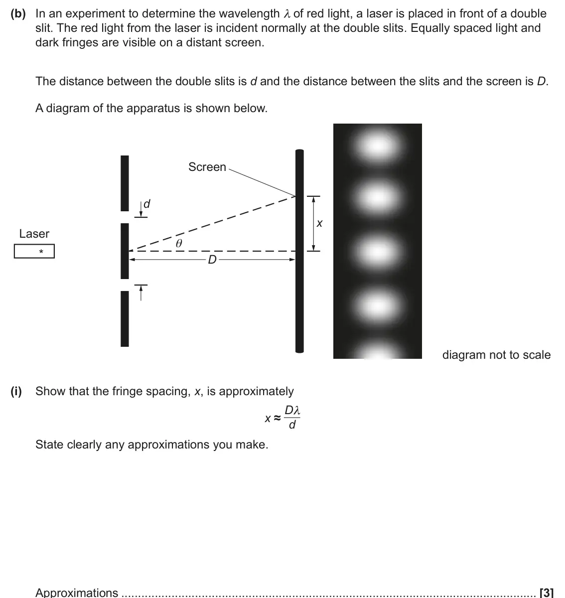 June 2025 Paper 2, question 20(b)(i): Show that the fringe spacing, x, is approximately x ≈ Dλ d State clearly any approximations you make. Approximations [3]