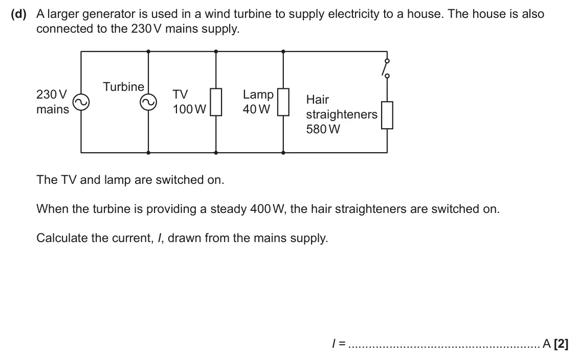 June 2025 Paper 2, question 21(d): A larger generator is used in a wind turbine to supply electricity to a house. The house is also connected to the 230 V mains supply. Turbine 230 V TV Lamp Hair