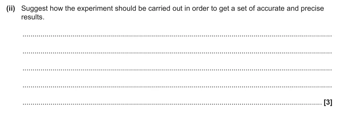 June 2025 Paper 2, question 22(c)(ii): Suggest how the experiment should be carried out in order to get a set of accurate and precise results. [3]