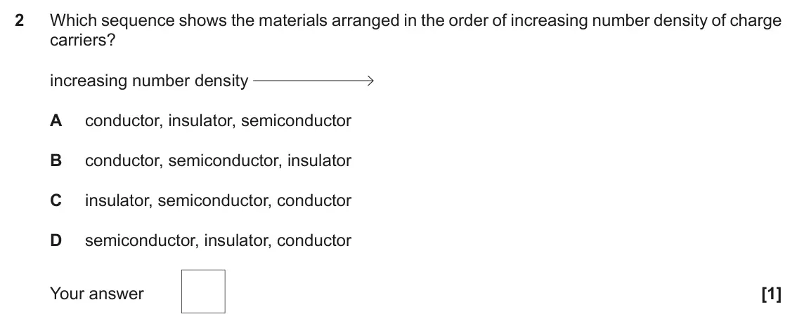 November 2020 Paper 2, question 2: Which sequence shows the materials arranged in the order of increasing number density of charge carriers? increasing number density A conductor, insulator, semi