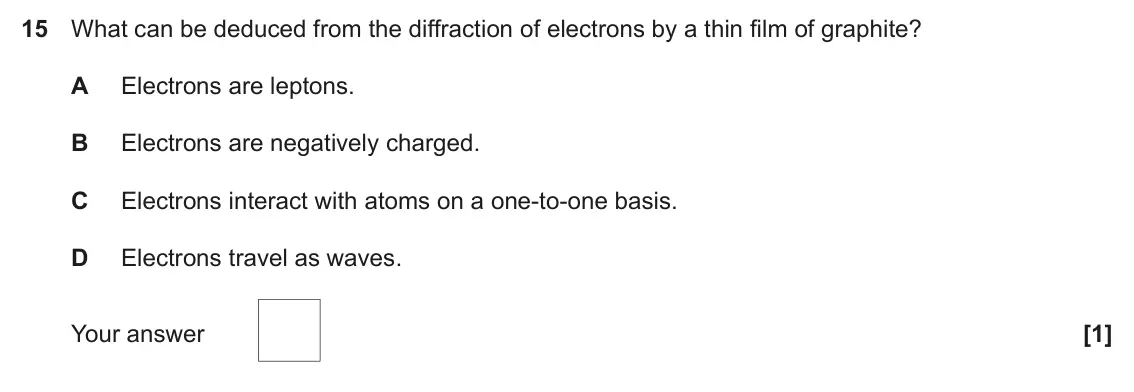 November 2020 Paper 2, question 15: What can be deduced from the diffraction of electrons by a thin film of graphite? A Electrons are leptons. B Electrons are negatively charged. C Electrons inter