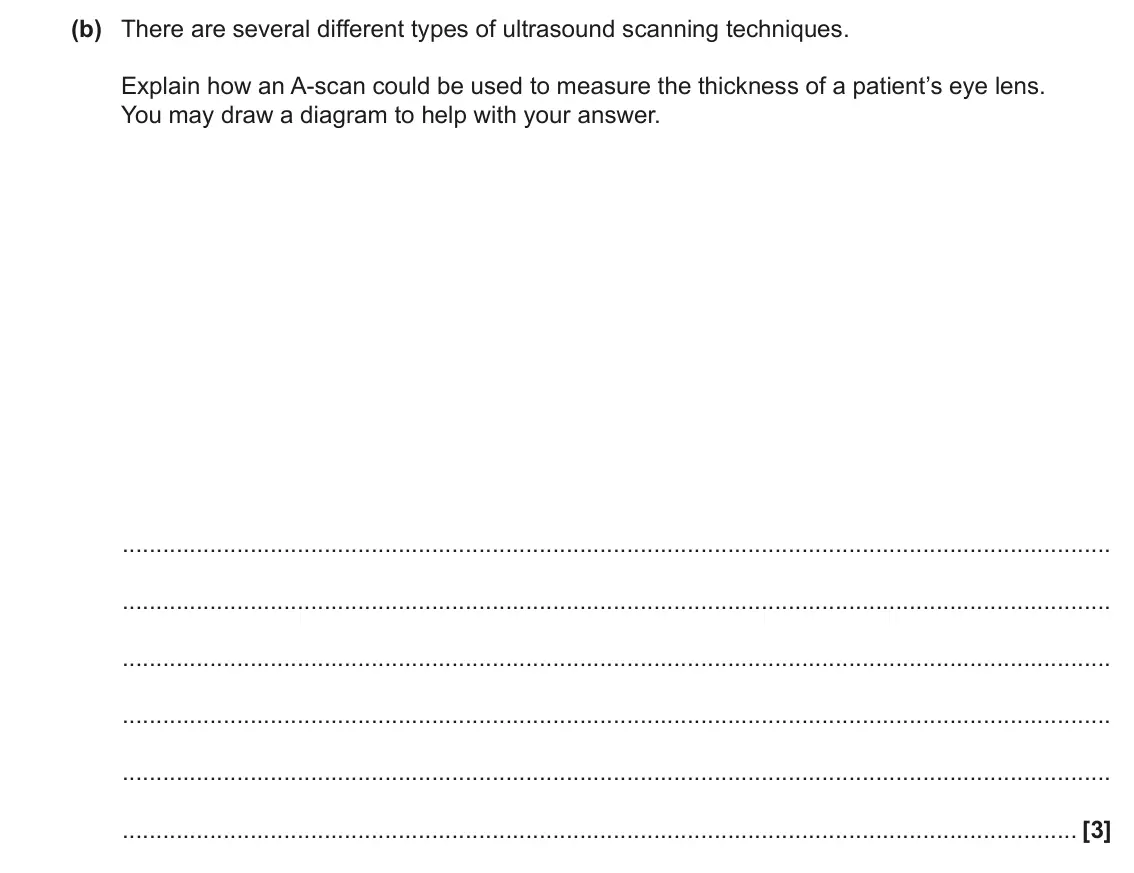 November 2020 Paper 2, question 16(b): There are several different types of ultrasound scanning techniques. Explain how an A-scan could be used to measure the thickness of a patient’s eye lens. You m