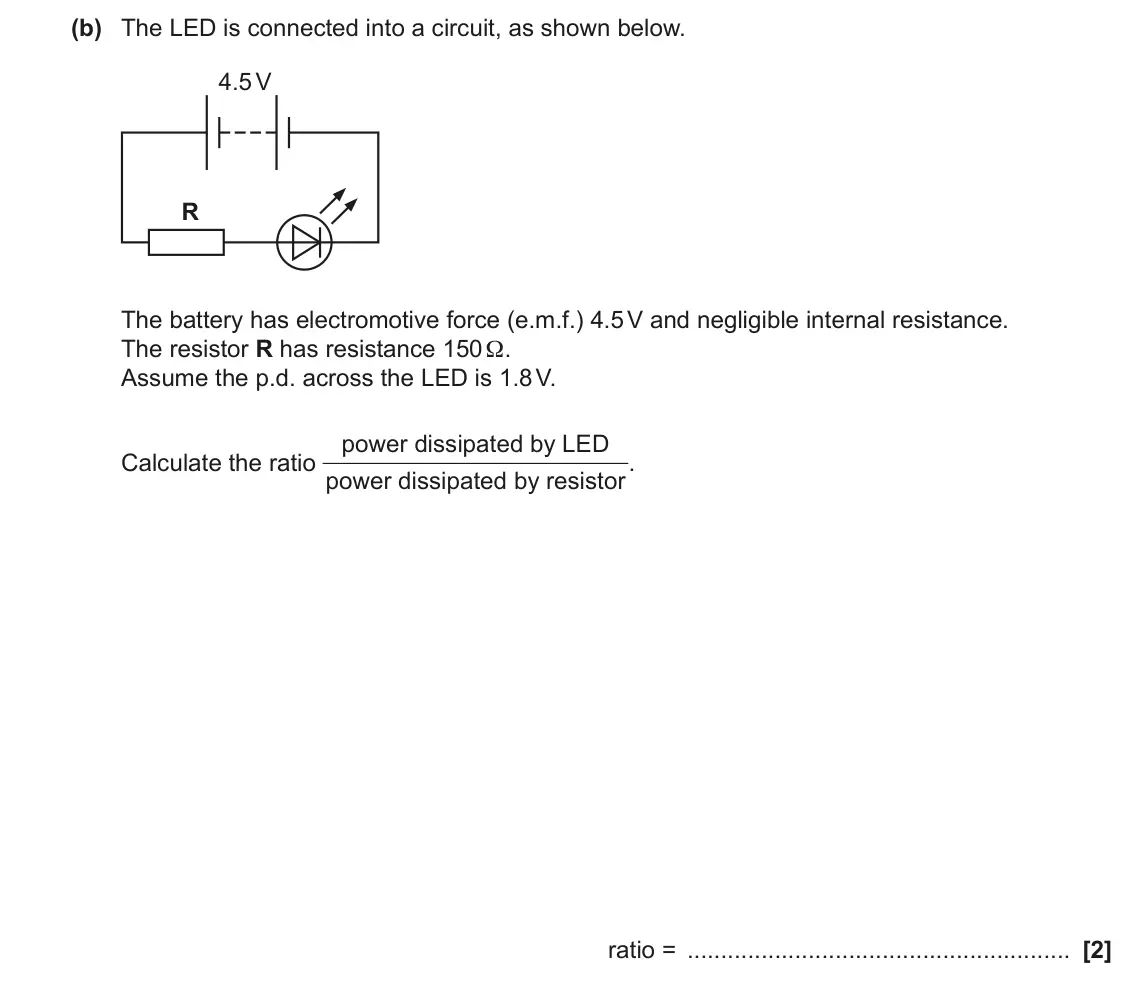 November 2020 Paper 2, question 17(b): The LED is connected into a circuit, as shown below. 4.5 V R The battery has electromotive force (e.m.f.) 4.5 V and negligible internal resistance. The resistor