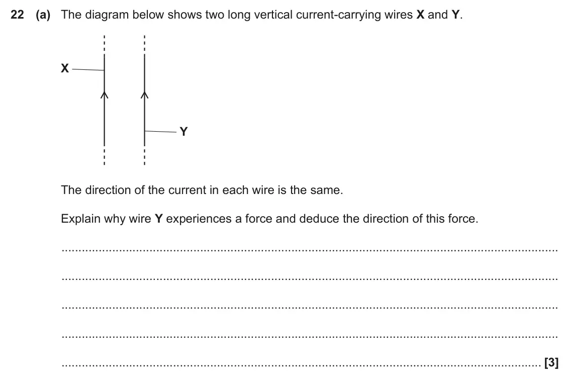 November 2020 Paper 2, question 22(a): The diagram below shows two long vertical current-carrying wires X and Y. X Y The direction of the current in each wire is the same. Explain why wire Y experien