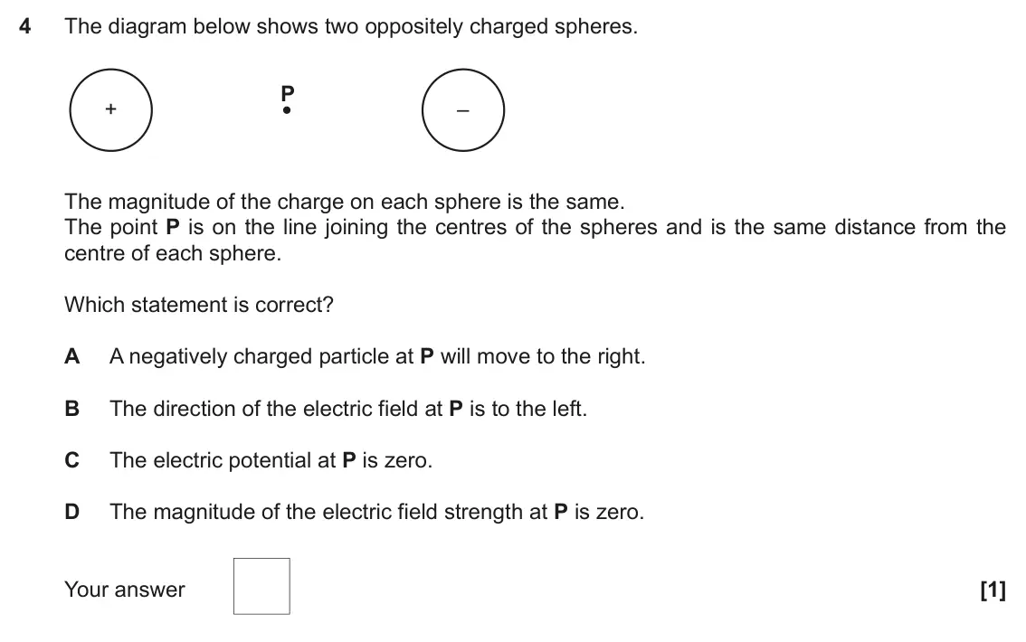 November 2021 Paper 2, question 4: The diagram below shows two oppositely charged spheres. P + – The magnitude of the charge on each sphere is the same. The point P is on the line joining the cen