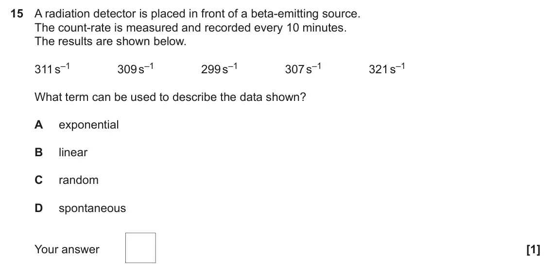 November 2021 Paper 2, question 15: A radiation detector is placed in front of a beta-emitting source. The count-rate is measured and recorded every 10 minutes. The results are shown below. 311 s–