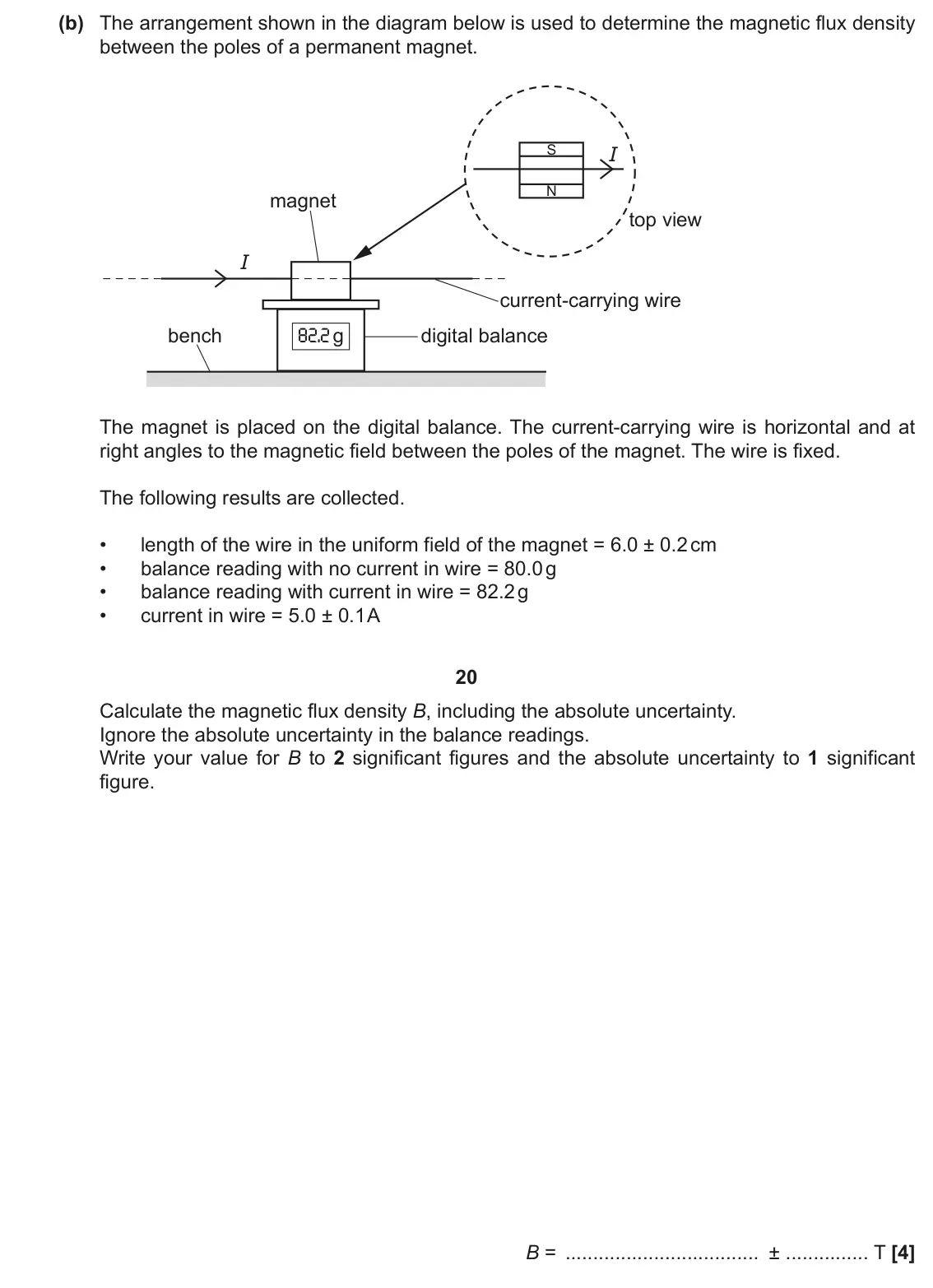 November 2021 Paper 2, question 19(b): The arrangement shown in the diagram below is used to determine the magnetic flux density between the poles of a permanent magnet. S I N magnet top view I curre