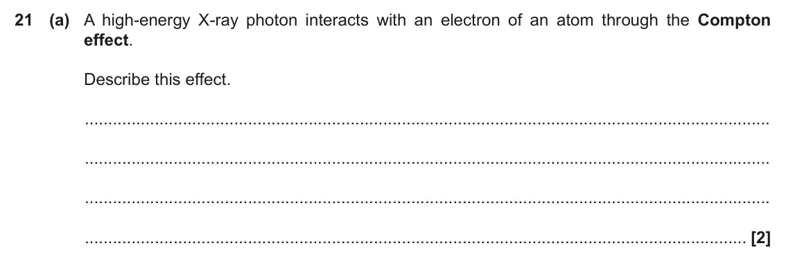November 2021 Paper 2, question 21(a): A high-energy X-ray photon interacts with an electron of an atom through the Compton effect. Describe this effect. [2]