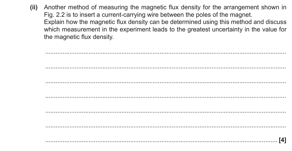 June 2017 Paper 3, question 2(c)(ii): Another method of measuring the magnetic flux density for the arrangement shown in Fig. 2.2 is to insert a current-carrying wire between the poles of the magnet