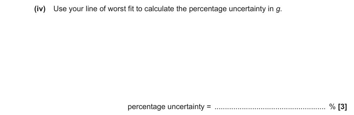 June 2022 Paper 3, question 2(b)(iv): Use your line of worst fit to calculate the percentage uncertainty in g. percentage uncertainty = % [3]