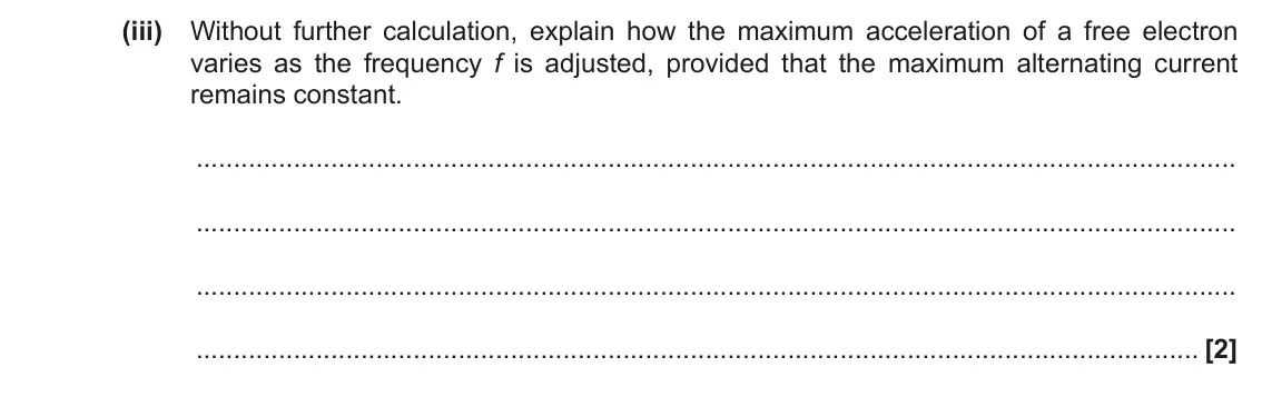 June 2022 Paper 3, question 5(a)(iii): Without further calculation, explain how the maximum acceleration of a free electron varies as the frequency f is adjusted, provided that the maximum alternatin