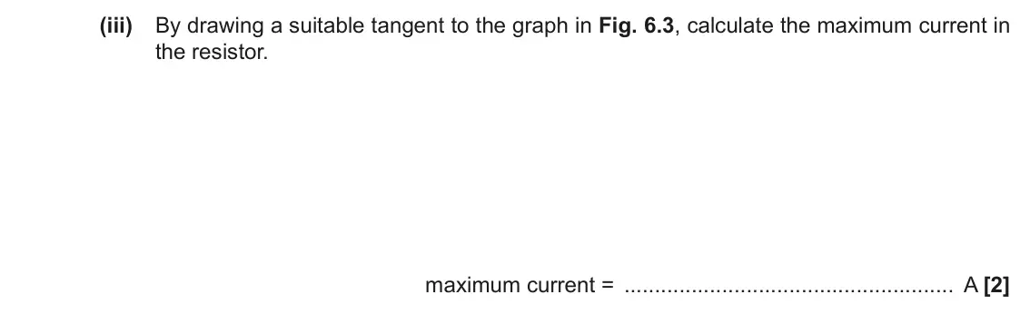 June 2022 Paper 3, question 6(b)(iii): By drawing a suitable tangent to the graph in Fig. 6.3, calculate the maximum current in the resistor. maximum current = A [2]