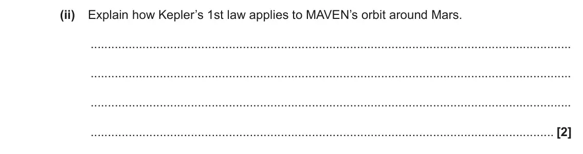 June 2023 Paper 3, question 1(a)(ii): Explain how Kepler’s 1st law applies to MAVEN’s orbit around Mars. [2]