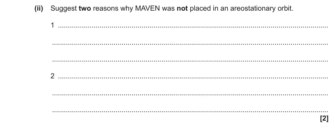 June 2023 Paper 3, question 1(b)(ii): Suggest two reasons why MAVEN was not placed in an areostationary orbit. 1 2 [2]