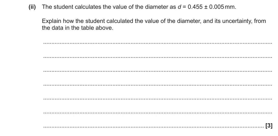 June 2023 Paper 3, question 2(a)(ii): The student calculates the value of the diameter as d = 0.455 ± 0.005 mm. Explain how the student calculated the value of the diameter, and its uncertainty, fro