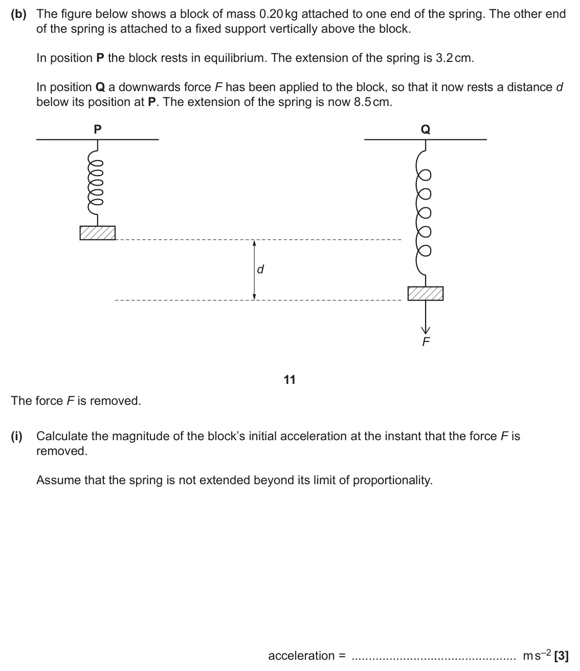 June 2024 Paper 3, question 4(b)(i): Calculate the magnitude of the block’s initial acceleration at the instant that the force F is removed. Assume that the spring is not extended beyond its limit