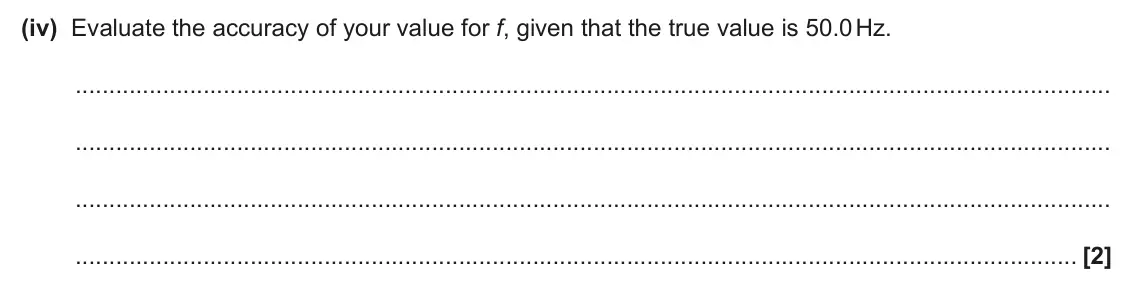 June 2025 Paper 3, question 2(c)(iv): Evaluate the accuracy of your value for f, given that the true value is 50.0 Hz. [2]