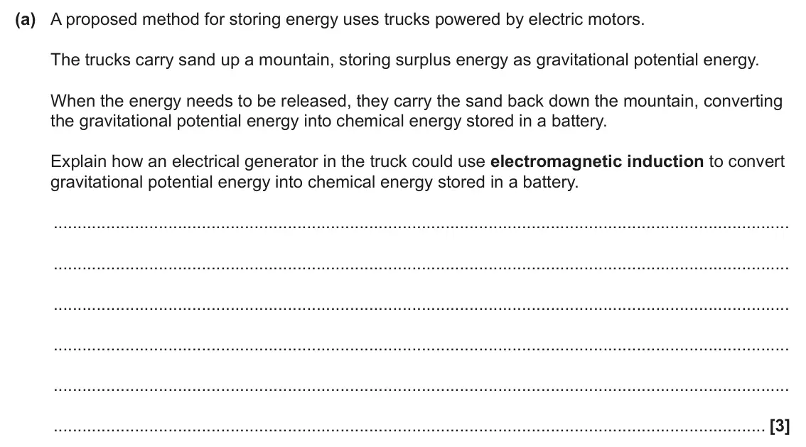 June 2025 Paper 3, question 3(a): A proposed method for storing energy uses trucks powered by electric motors. The trucks carry sand up a mountain, storing surplus energy as gravitational potent