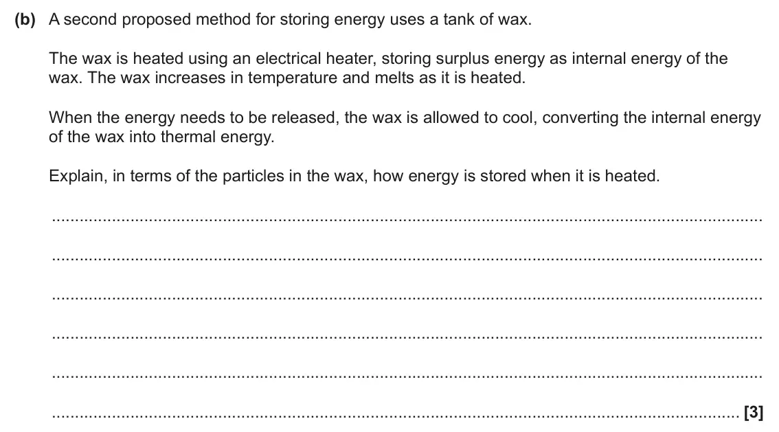 June 2025 Paper 3, question 3(b): A second proposed method for storing energy uses a tank of wax. The wax is heated using an electrical heater, storing surplus energy as internal energy of the w